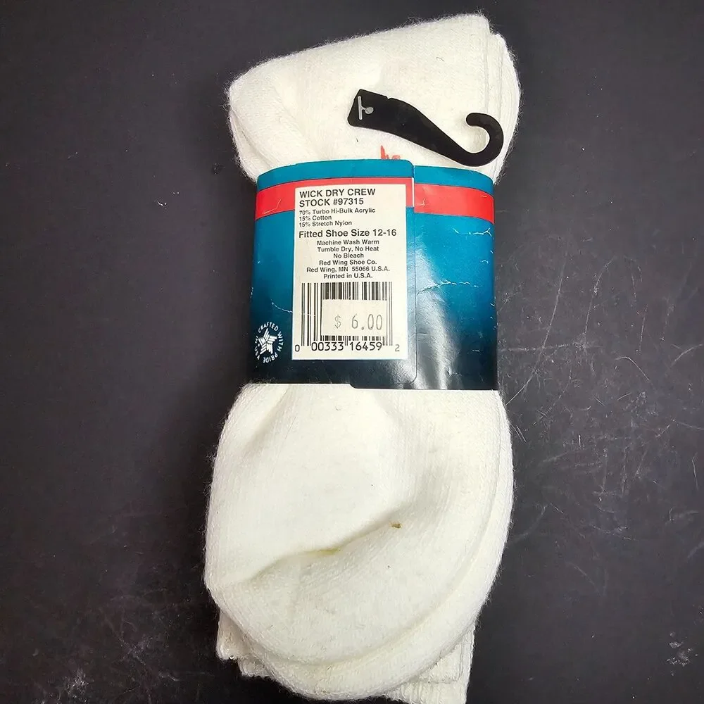 NOS Red Wing Performance Socks Wick Dry Crew White Big and Tall Shoe Size 12-16